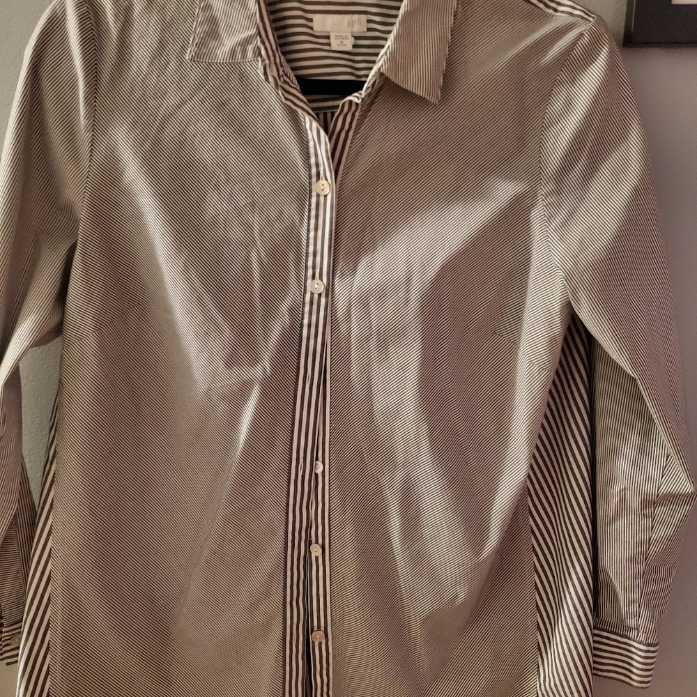 J Jill Womens Top Tunic Blouse Shirt  Size M Petite Button Up Gray & White